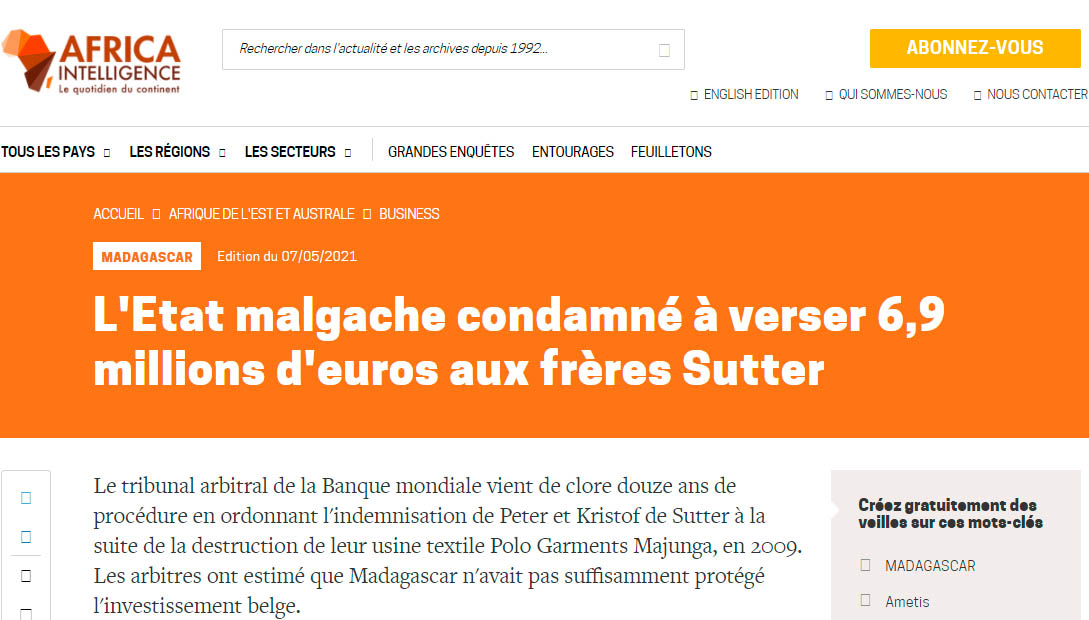 L'Etat malgache condamné à verser 6,9 millions d'euros aux frères Sutter